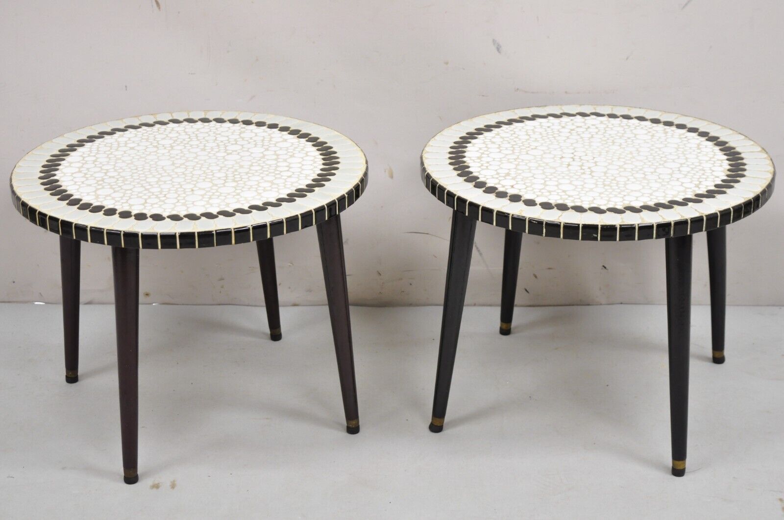 Vintage Mid Century Modern Mosaic Tile Top Round Low Side Tables - a Pair