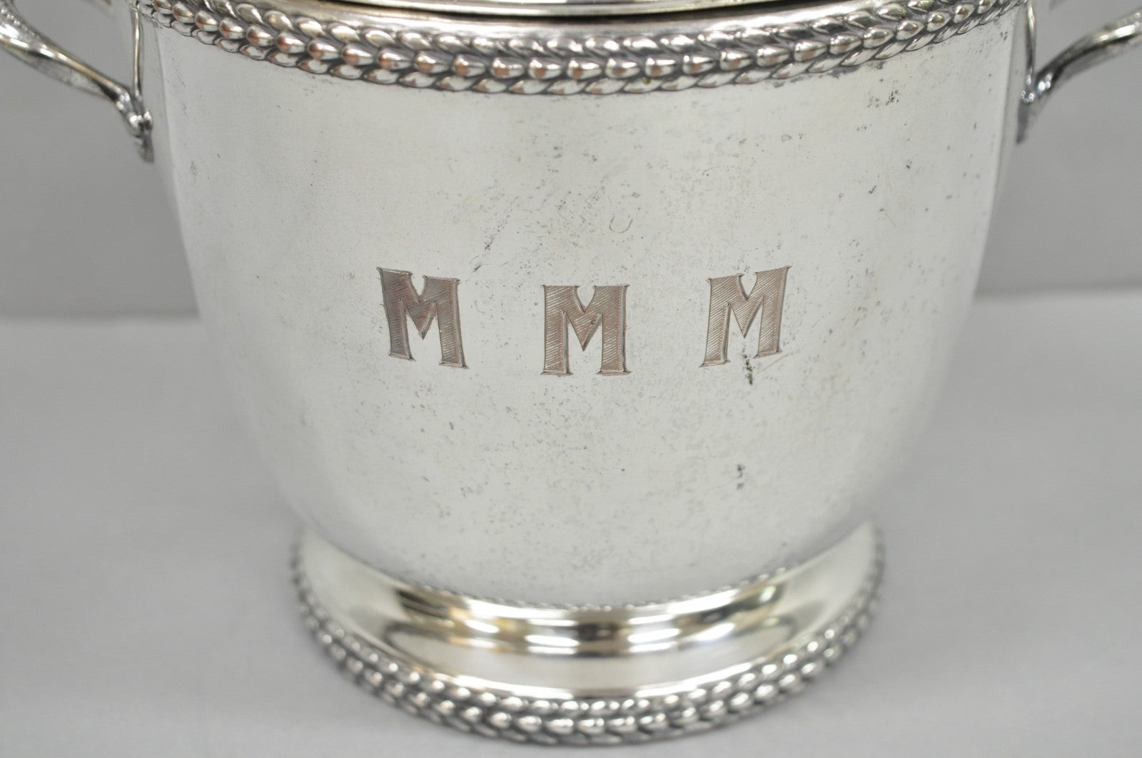 Vintage Art Deco Modern Silver Plated Lidded Bar Ice Bucket w/ "MMM" Monogram