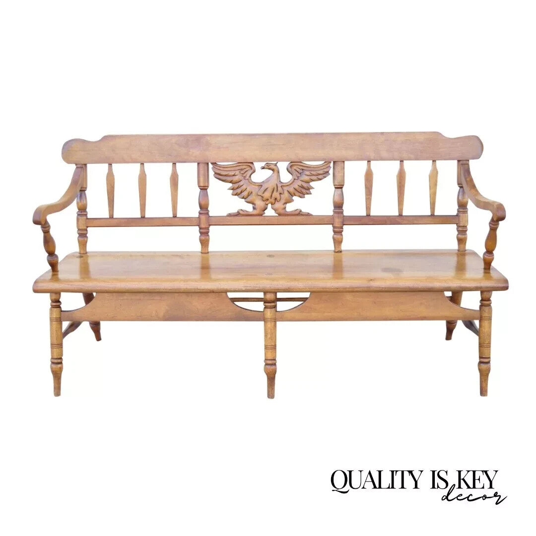 Vintage Cushman Maple Wood Carved Eagle Back Colonial Settee Deacons Bench