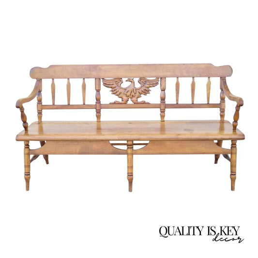 Vintage Cushman Maple Wood Carved Eagle Back Colonial Settee Deacons Bench