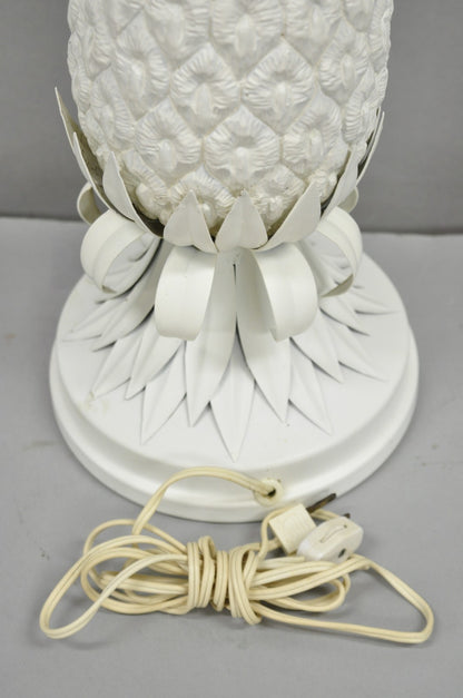 Vintage Italian Hollywood Regency White Tole Metal Figural Pineapple Table Lamp