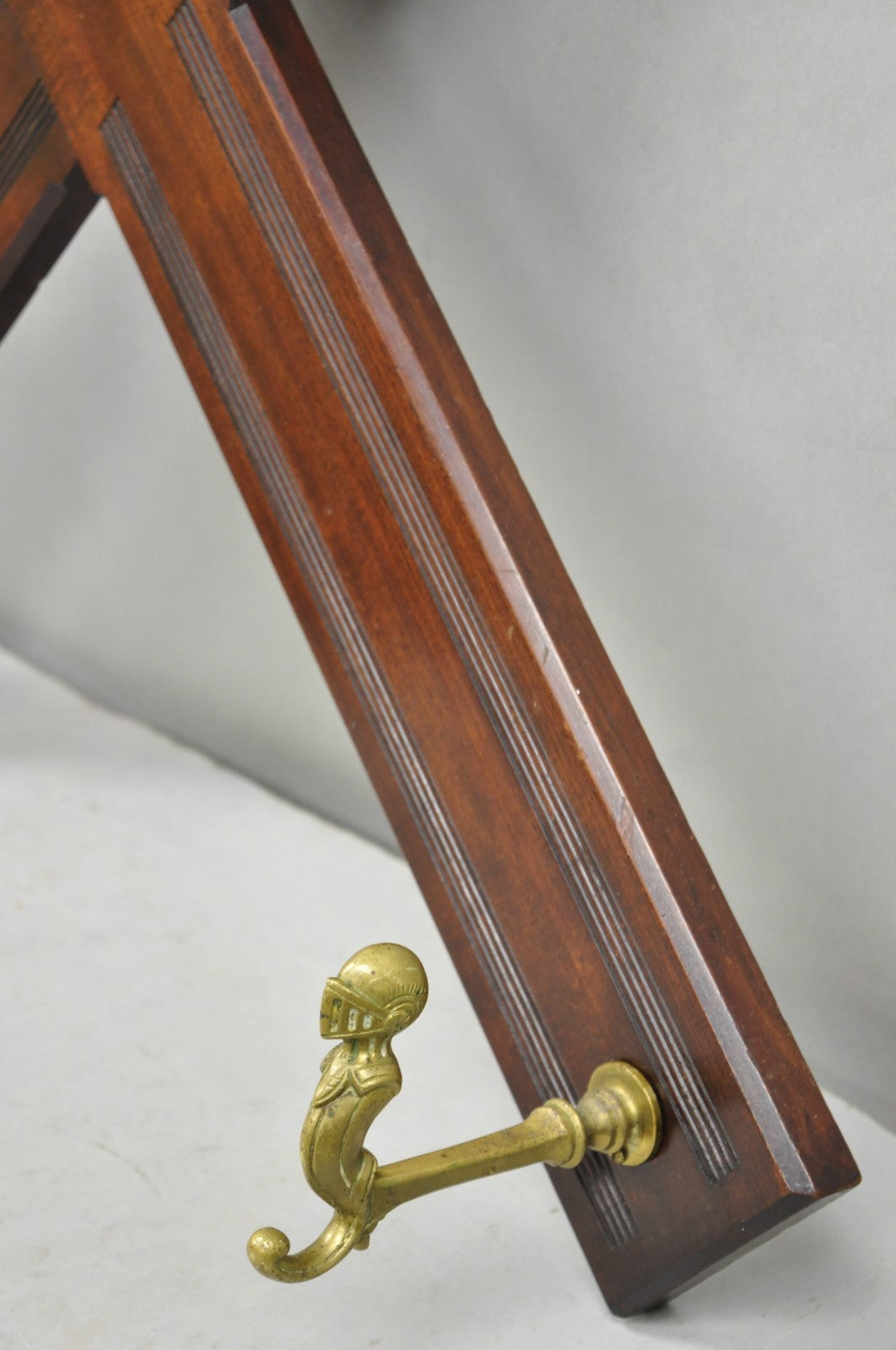 Antique Victorian Mahogany X-Form Wall Coat Rack w/ Brass Knight's Helmet Hooks