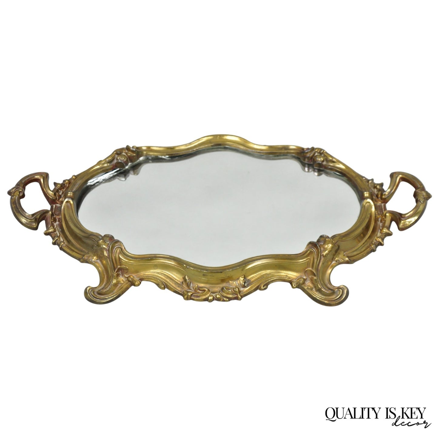 Vintage French Art Nouveau Style Bronze Vanity Mirror Powder Room Perfume Tray