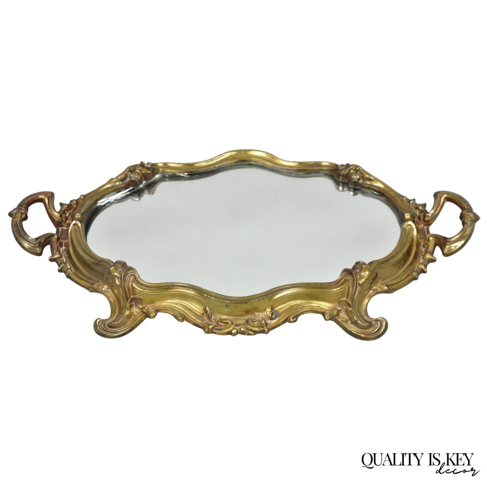 Vintage French Art Nouveau Style Bronze Vanity Mirror Powder Room Perfume Tray