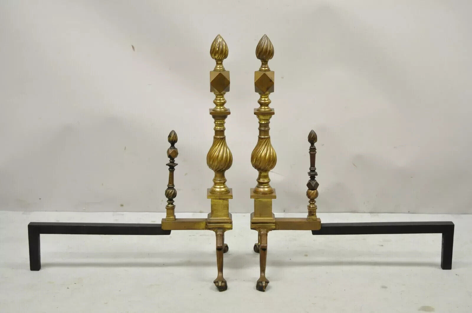 Antique Federal Brass Spiral Twist Finial Branch Leg Ball & Claw Andirons - Pair