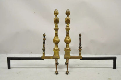 Antique Federal Brass Spiral Twist Finial Branch Leg Ball & Claw Andirons - Pair