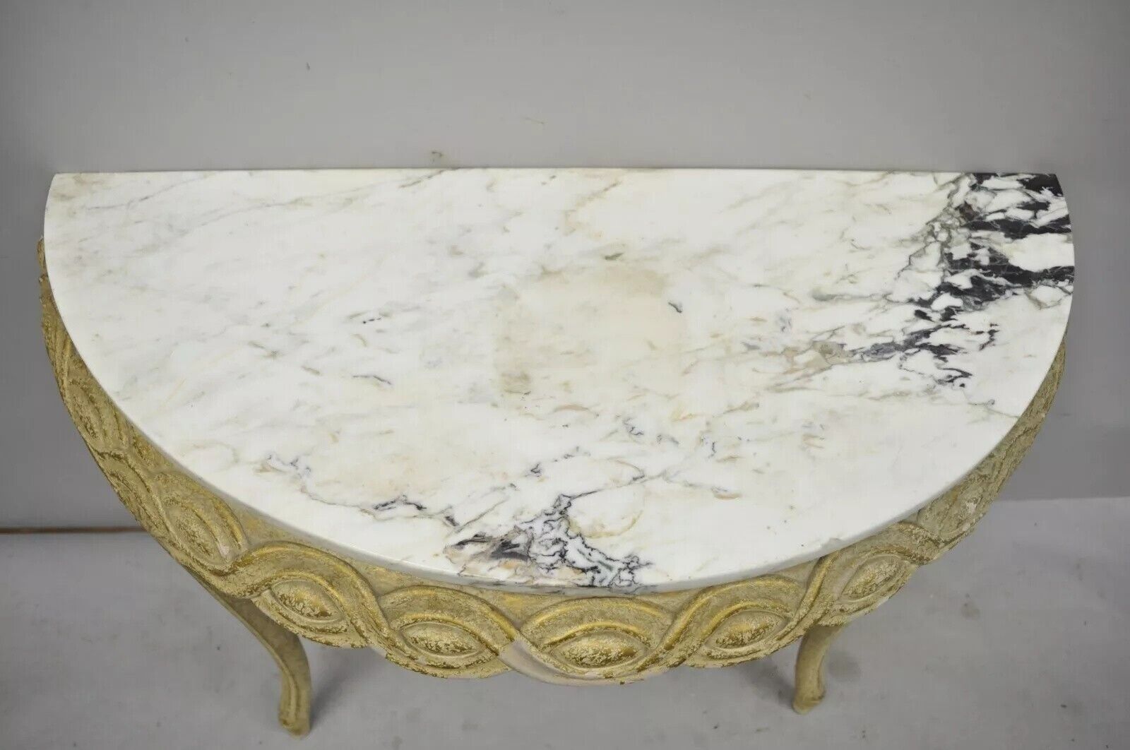 Italian Neoclassical Half Round Demilune Marble Top Ribbon Carved Console Table