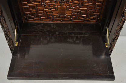 Vintage J L George Zee Chinese Figural Carved Teak Wood Flip Top Dry Bar Cabinet