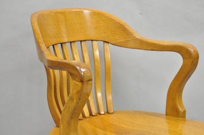 Traditional Antique Solid Golden Oak Wood Office Library Bankers Arm Chair