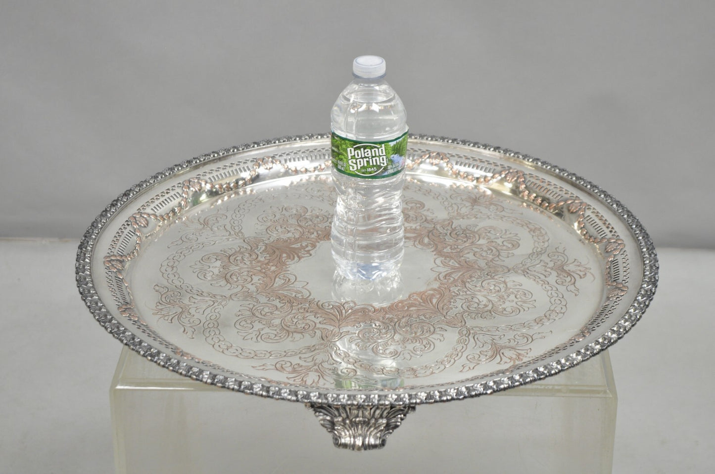 W.K. Cowan & Co 20" Round English Edwardian Silver Plated Footed Salver Tray