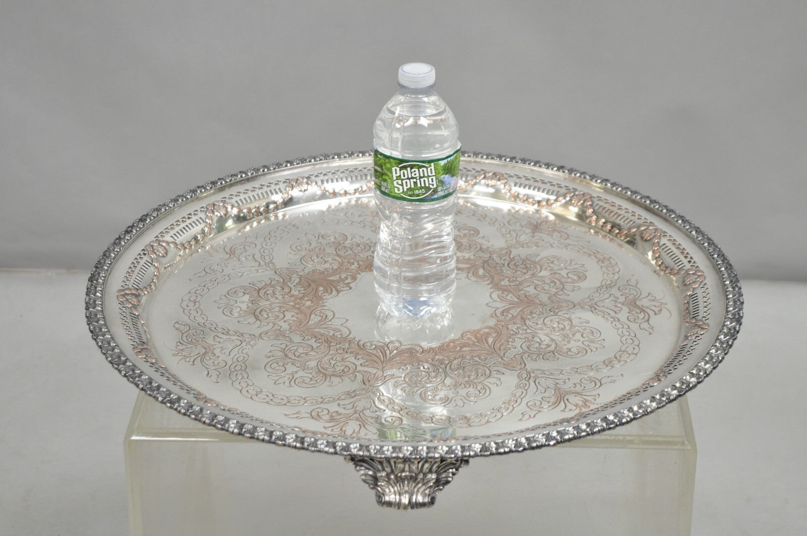 W.K. Cowan & Co 20" Round English Edwardian Silver Plated Footed Salver Tray