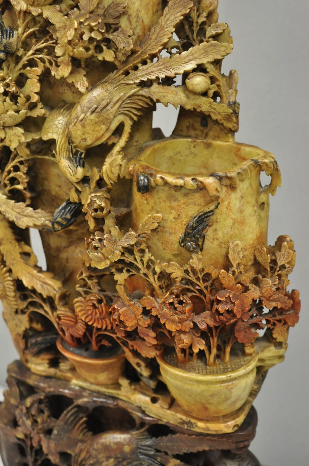 Antique Chinese Figural Carved Soapstone Large Table Lamp w/ Birds & Flowers