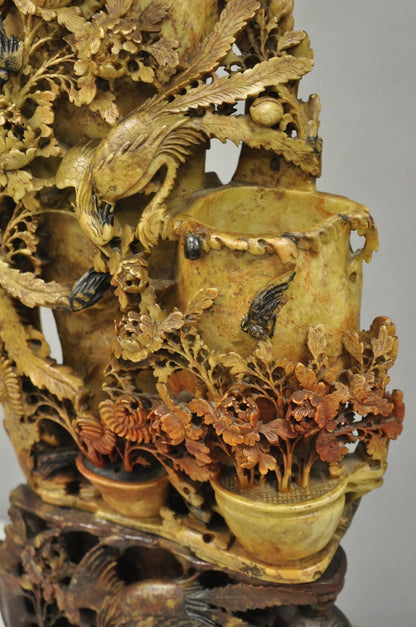 Antique Chinese Figural Carved Soapstone Large Table Lamp w/ Birds & Flowers