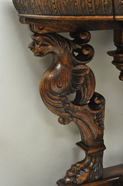 Antique Italian Renaissance Figural Carved Griffin Oak Flip Top Library Table