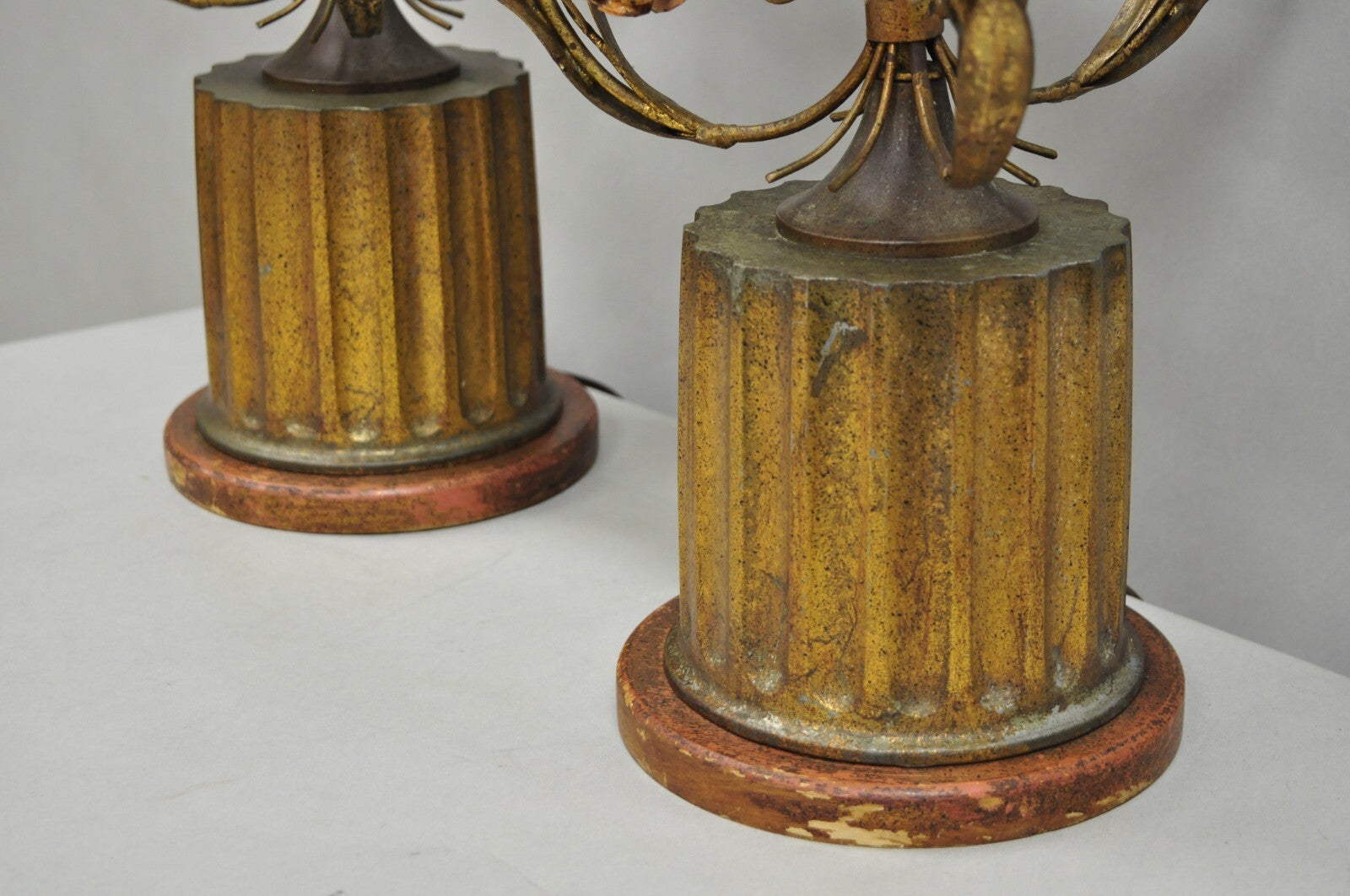 Italian Hollywood Regency Gold Gilt Iron Metal Pink Rose Tall Table Lamps Pair
