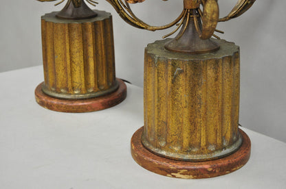 Italian Hollywood Regency Gold Gilt Iron Metal Pink Rose Tall Table Lamps Pair