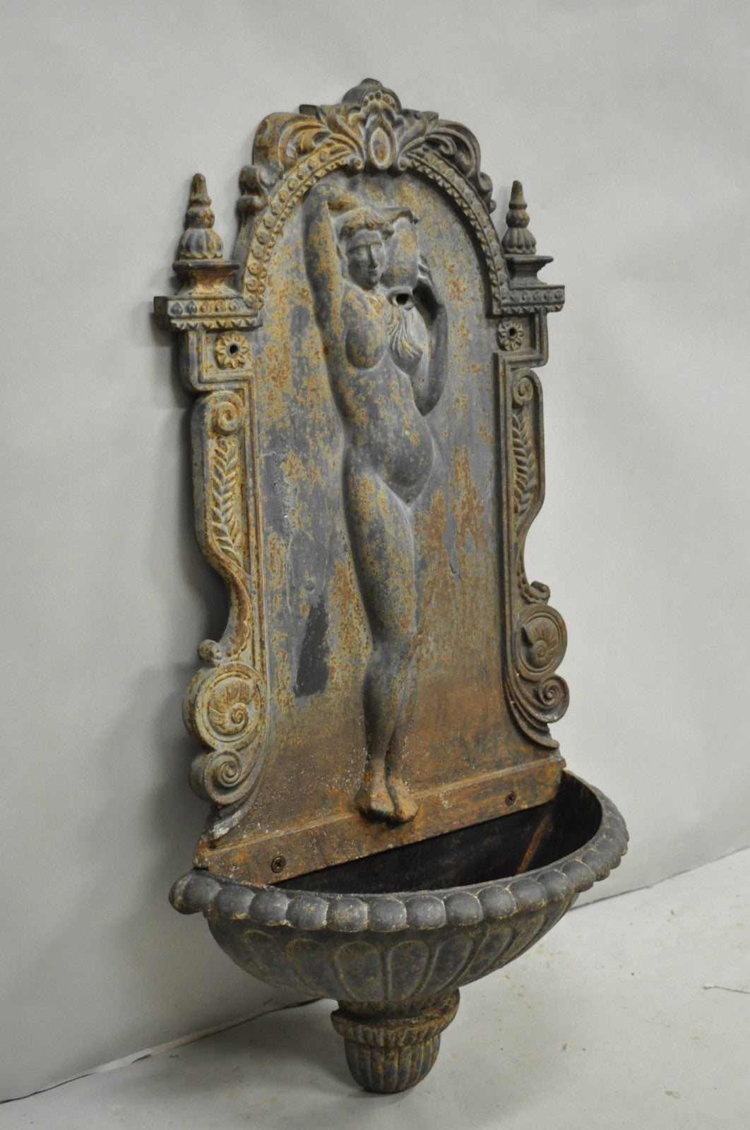 Vintage French Neoclassical Cast Iron Nude Maiden Wall Mounted Garden Fountain
