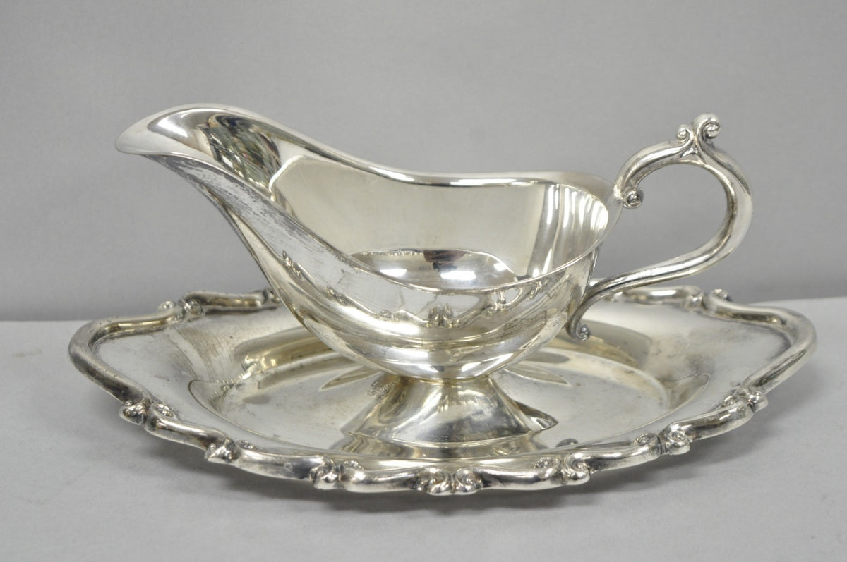 Vintage FB Rogers Silver Plated Victorian Gravy Sauce Boat w/ Attached Dish