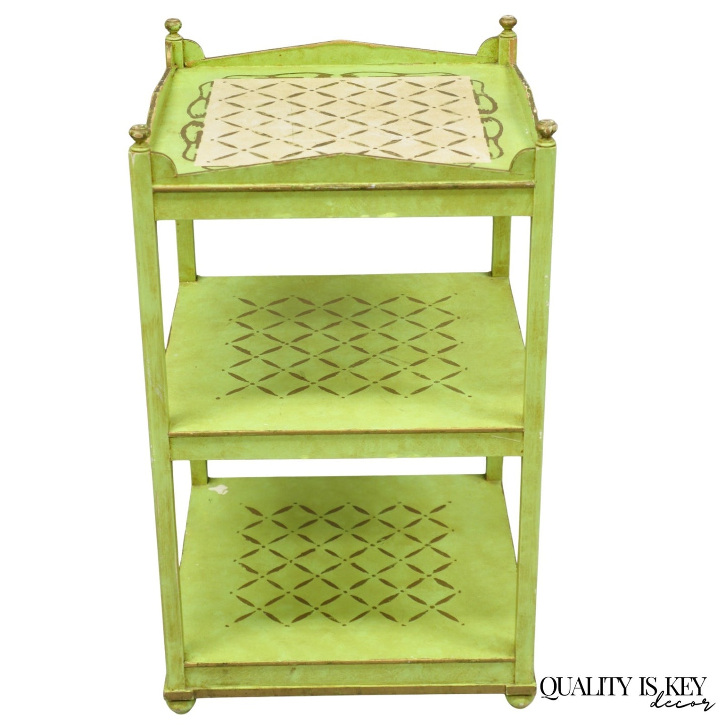 Vintage Italian Venetian Green Distress Painted 3 Tier French Country Side Table
