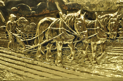 English Colonial Embossed Brass Farmer Horse-Drawn Plow Magazine Rack Holder