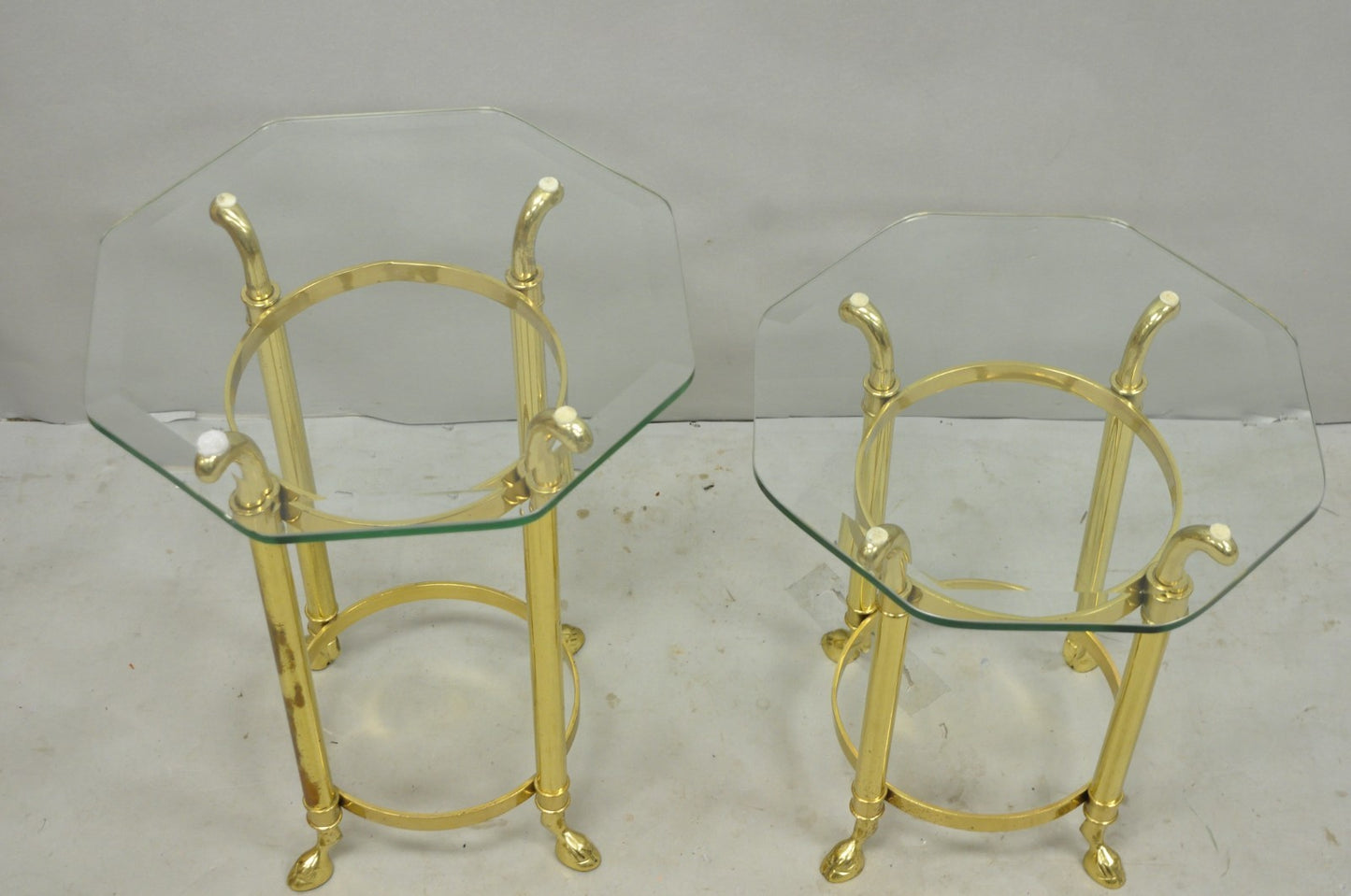 Vintage Hollywood Regency Brass Hoof Foot Glass Top Graduating Side Table - Pair