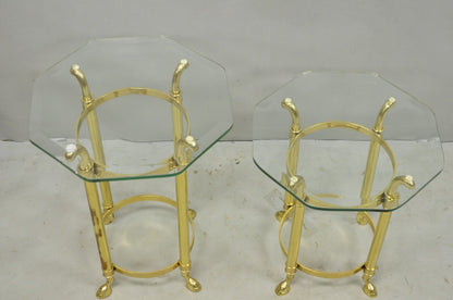 Vintage Hollywood Regency Brass Hoof Foot Glass Top Graduating Side Table - Pair