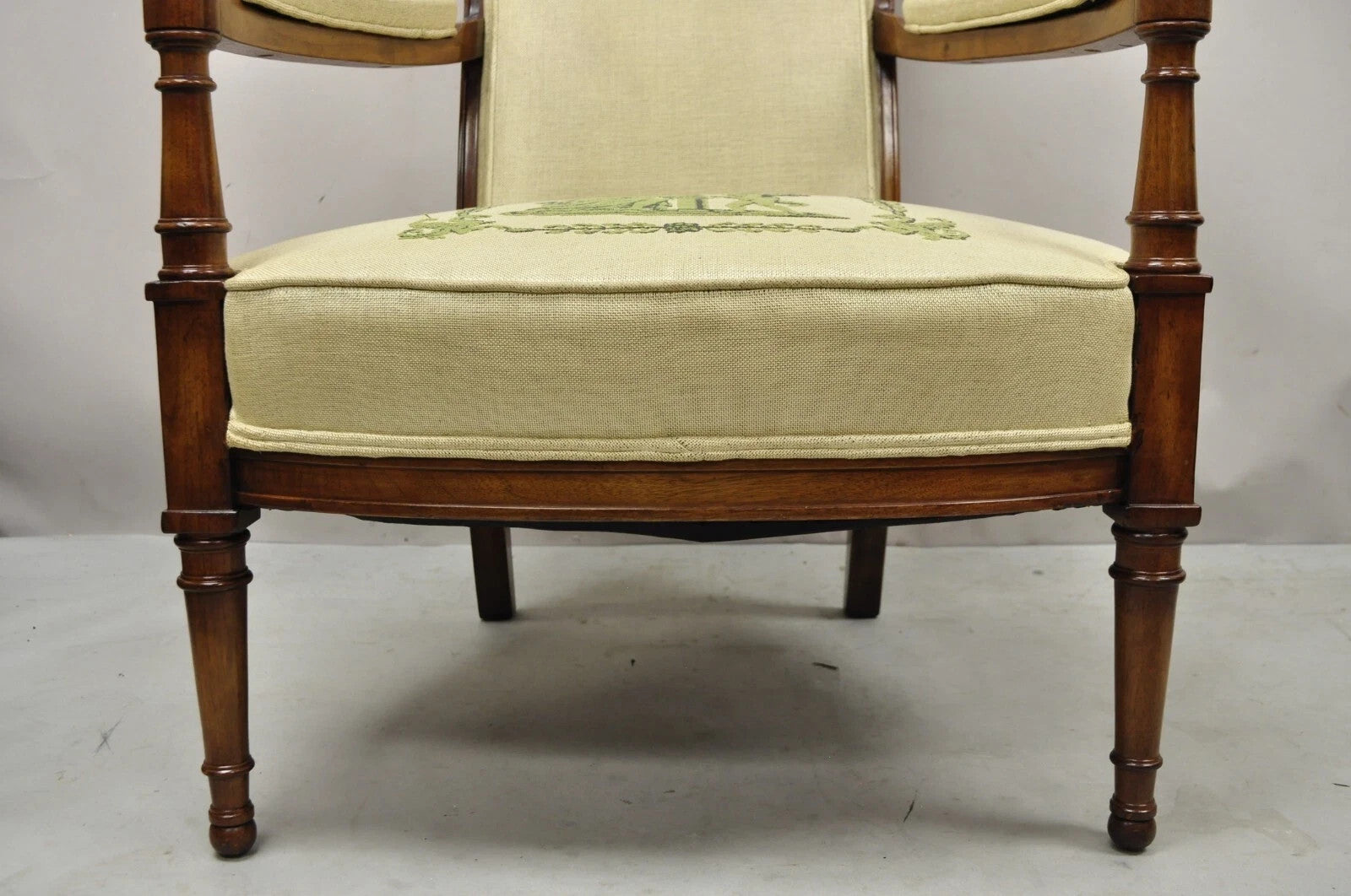Vintage Italian Hollywood Regency Tall Back Upholstered Cherry Lounge Arm Chair