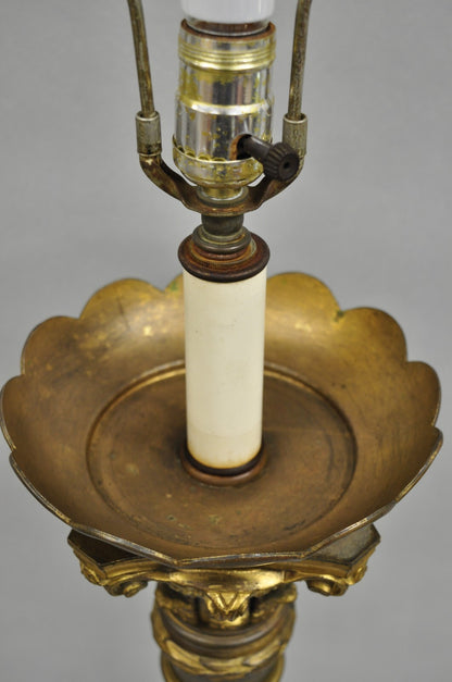 Antique French Empire Patinated Bronze Corinthian Column Candlestick Table Lamp