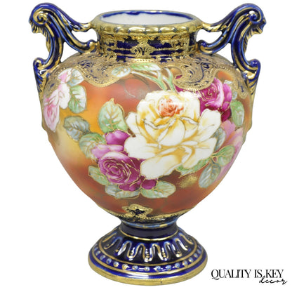 Antique Nippon Hand Painted Floral Design Cobalt Blue Porcelain Bolted Urn Vase
