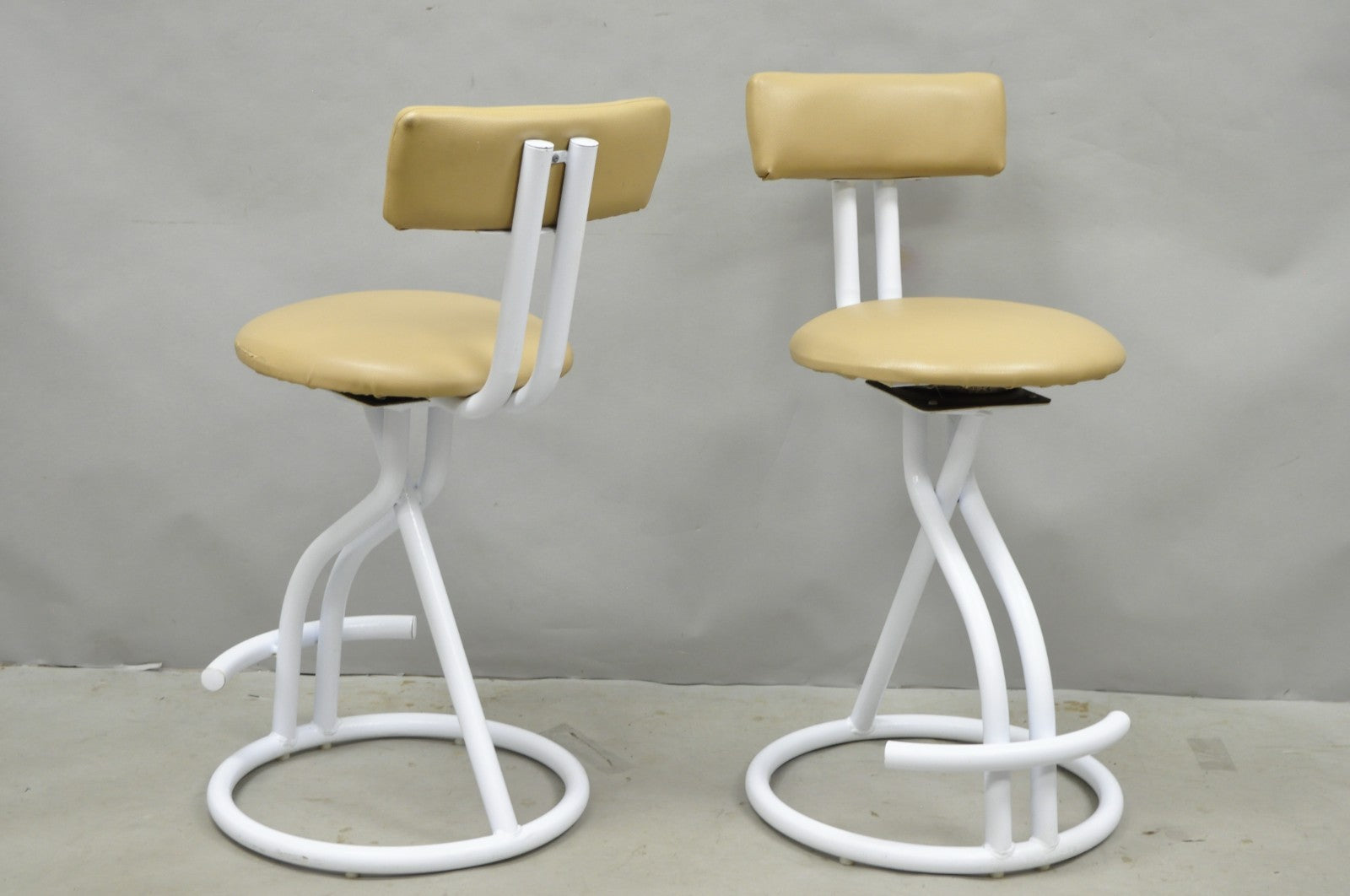Vintage Postmodern Memphis Style White Tubular Metal Swivel Bar Stools  - a Pair