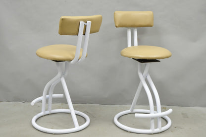 Vintage Postmodern Memphis Style White Tubular Metal Swivel Bar Stools  - a Pair