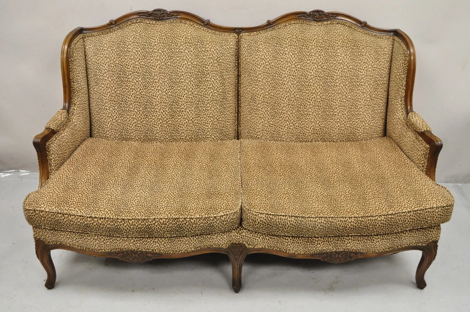 Vintage French Country Louis XV Carved Walnut Cheetah Print Wingback Sofa Settee