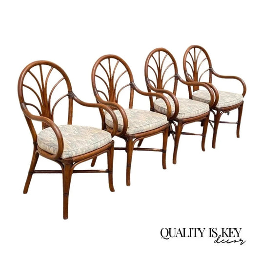 Vintage Hollywood Regency Bentwood Rattan Fan Back Dining Chairs - Set of 4