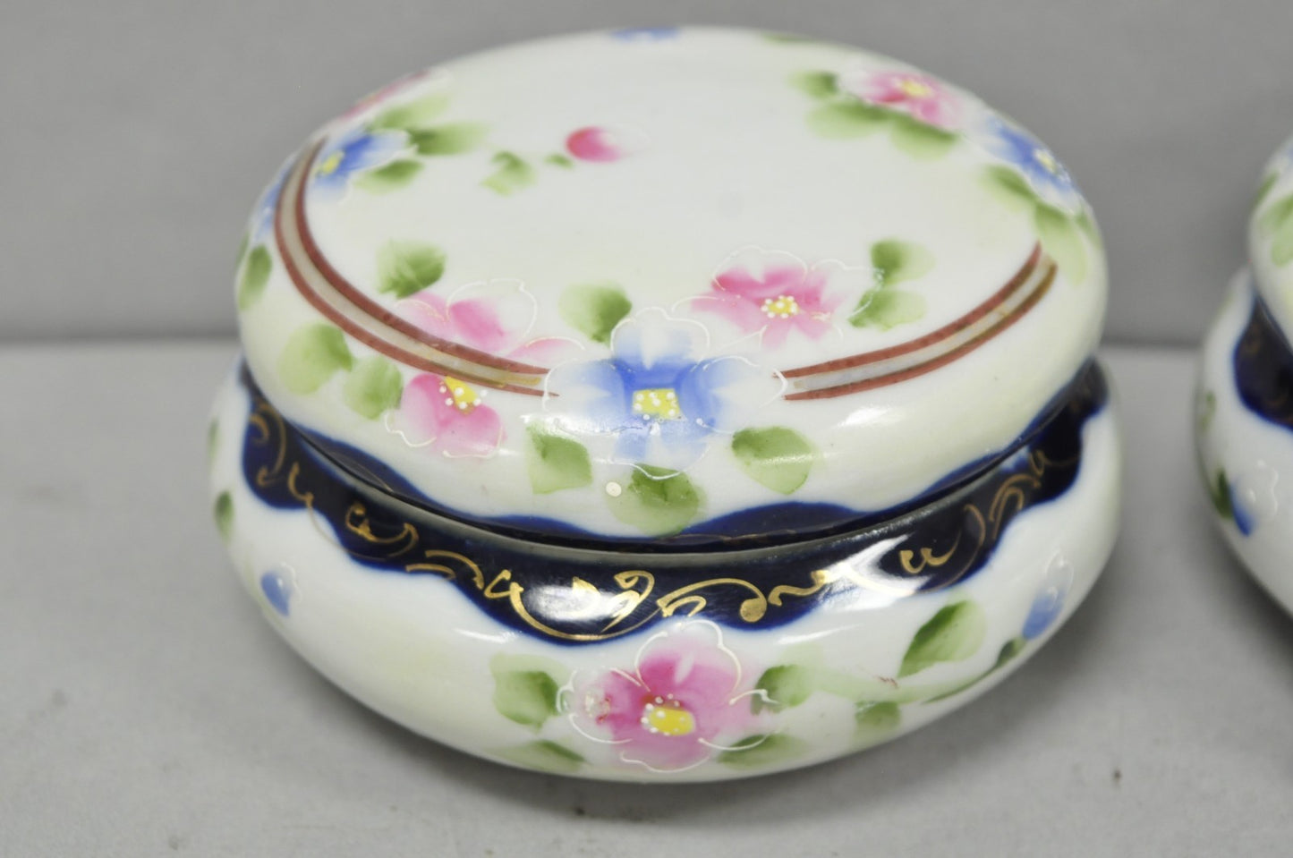 Victorian Japanese Hand Painted Porcelain Cobalt Blue Hair Receiver & Powder Jar
