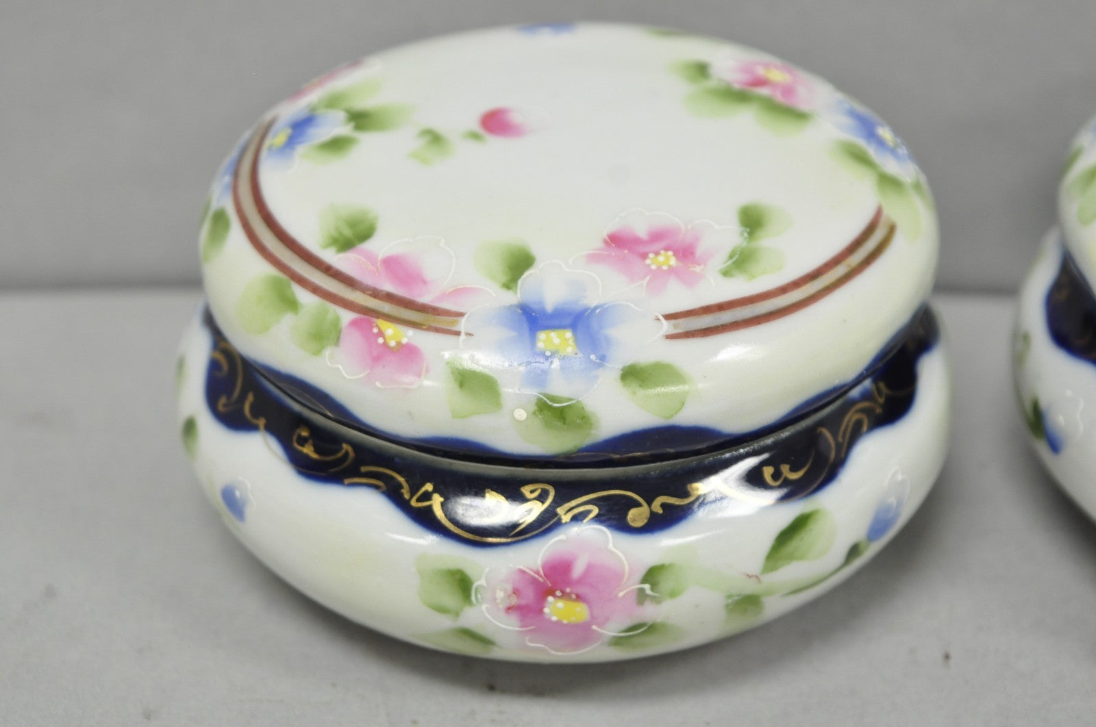 Victorian Japanese Hand Painted Porcelain Cobalt Blue Hair Receiver & Powder Jar