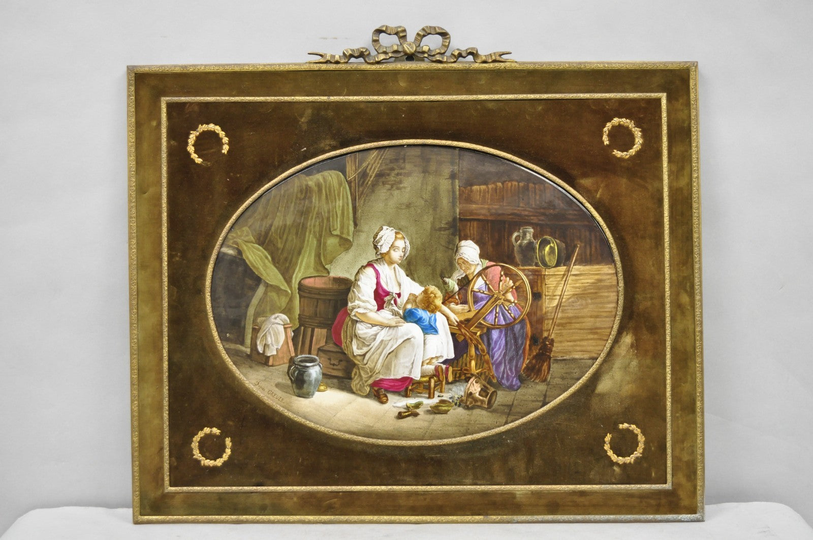 Antique French Painted Porcelain Framed Wall Plaque Signed Jean-Baptiste Greuze