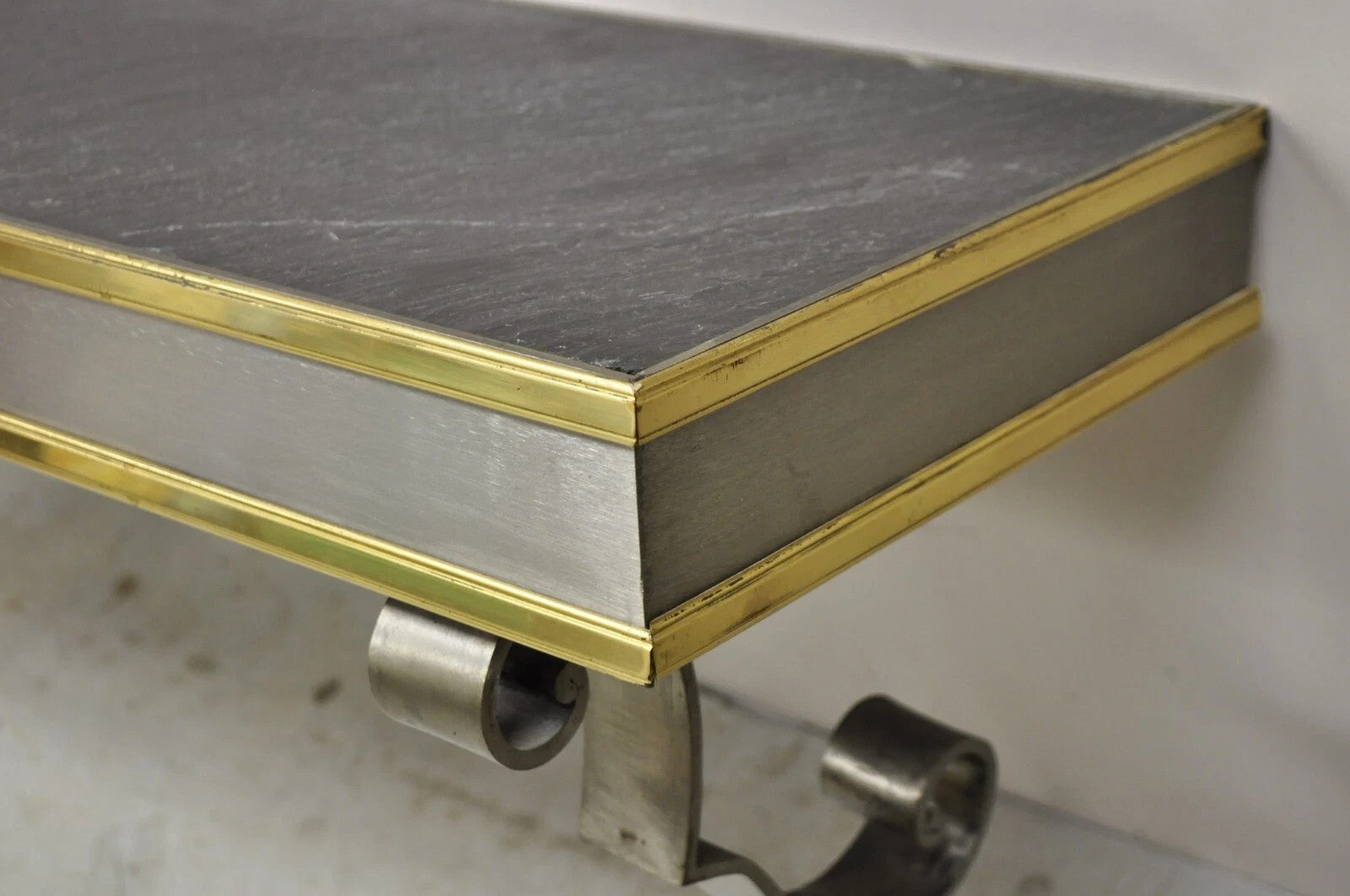 Vintage Italian Regency Steel & Brass Slate Top Wall Mounted Hall Console Table