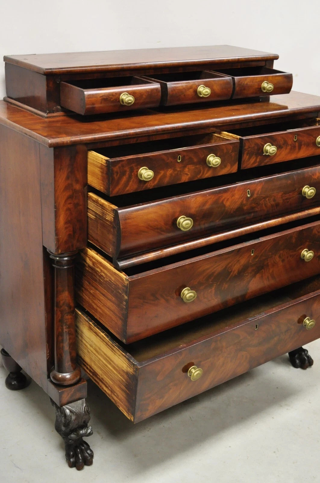 Antique American Empire Crotch Mahogany Step Back Tall Chest Dresser w/ Paw Feet