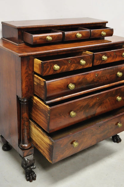 Antique American Empire Crotch Mahogany Step Back Tall Chest Dresser w/ Paw Feet