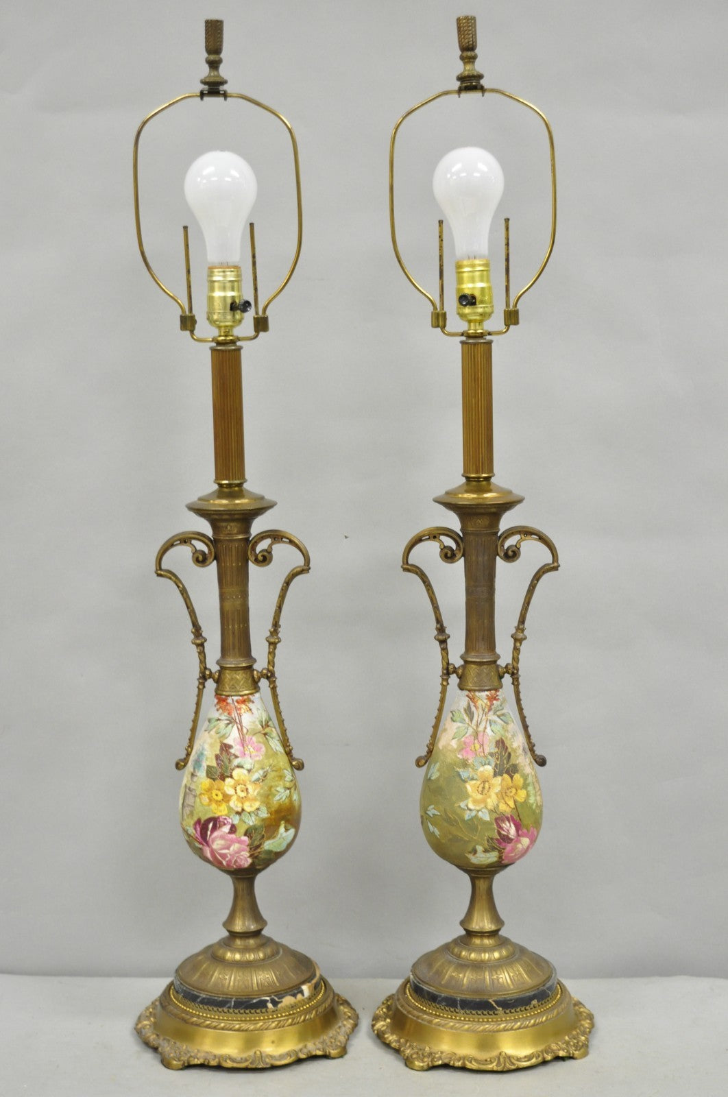 Antique Victorian Brass and Porcelain Urn Hand Painted Flower Table Lamps a Pair