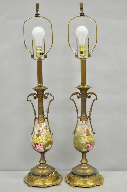 Antique Victorian Brass and Porcelain Urn Hand Painted Flower Table Lamps a Pair