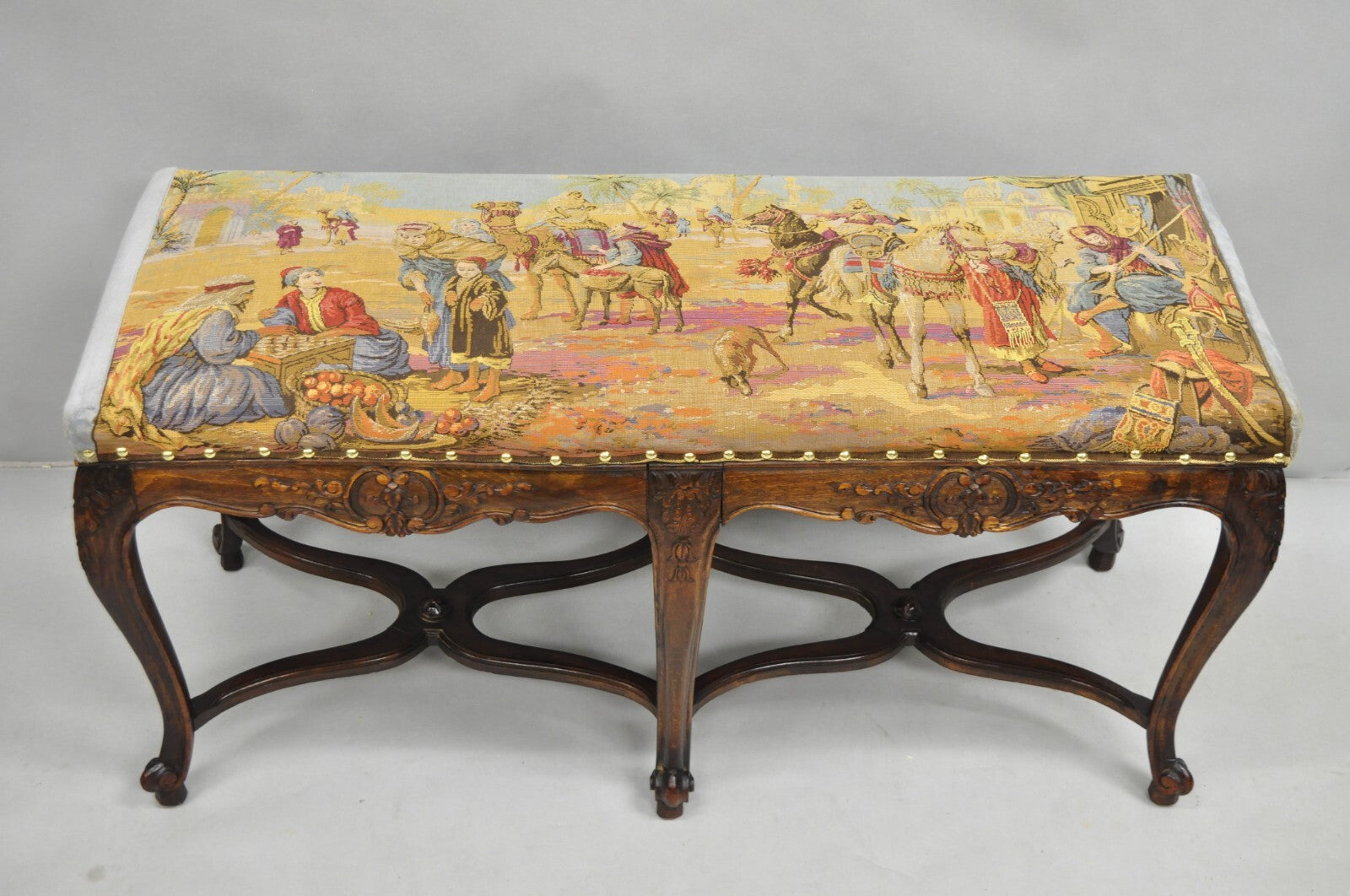 Vintage French Country Louis XV Style Walnut Bench w/ Arabian Market Tapestry