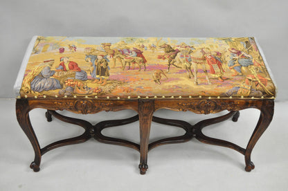 Vintage French Country Louis XV Style Walnut Bench w/ Arabian Market Tapestry