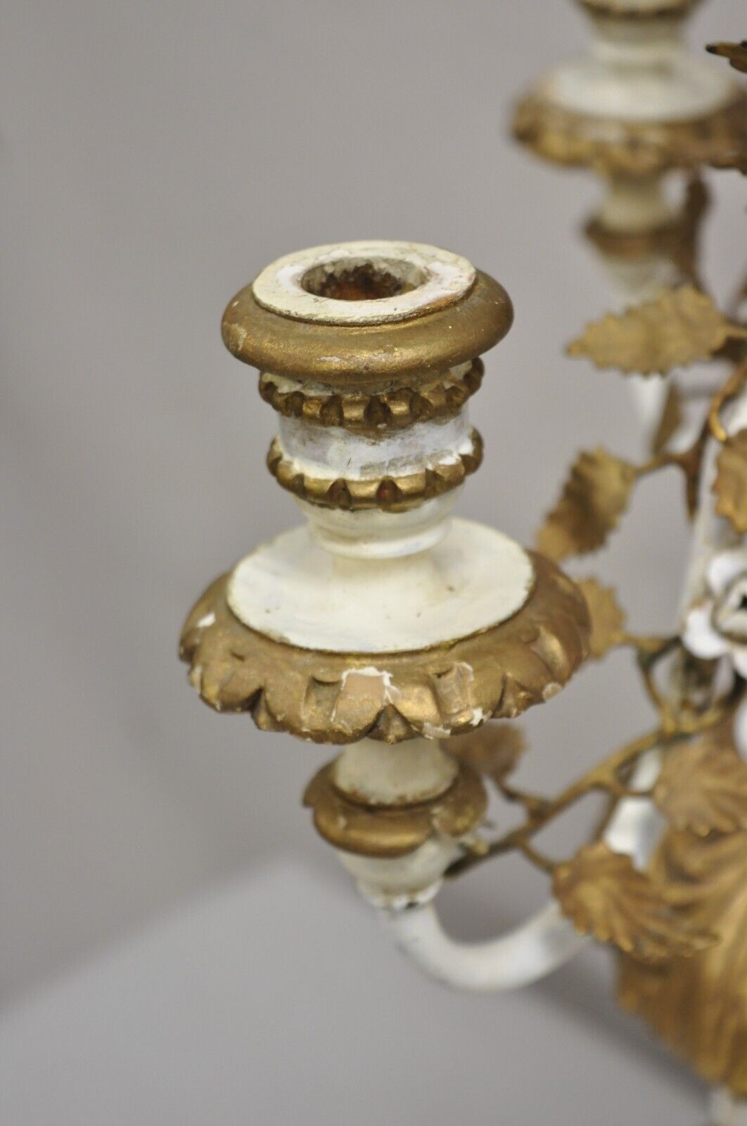 Vintage Italian Hollywood Regency Giltwood White & Gold Candelabra Table Lamp