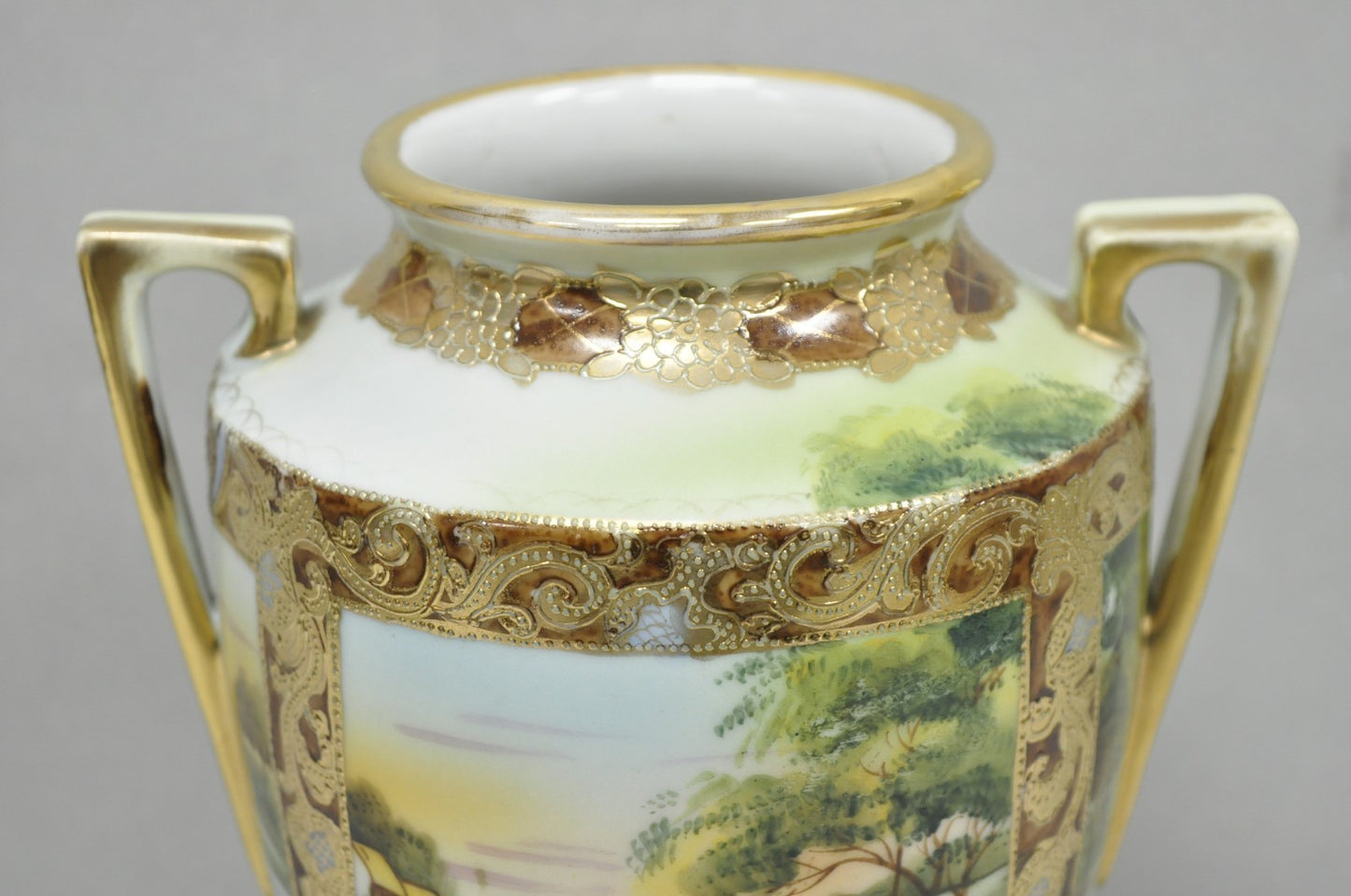 Antique Nippon Hand Painted Porcelain Twin Handled Vase w/ Swan & Lake Scene