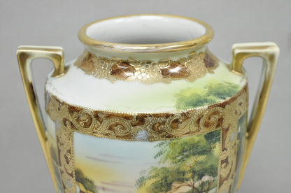 Antique Nippon Hand Painted Porcelain Twin Handled Vase w/ Swan & Lake Scene