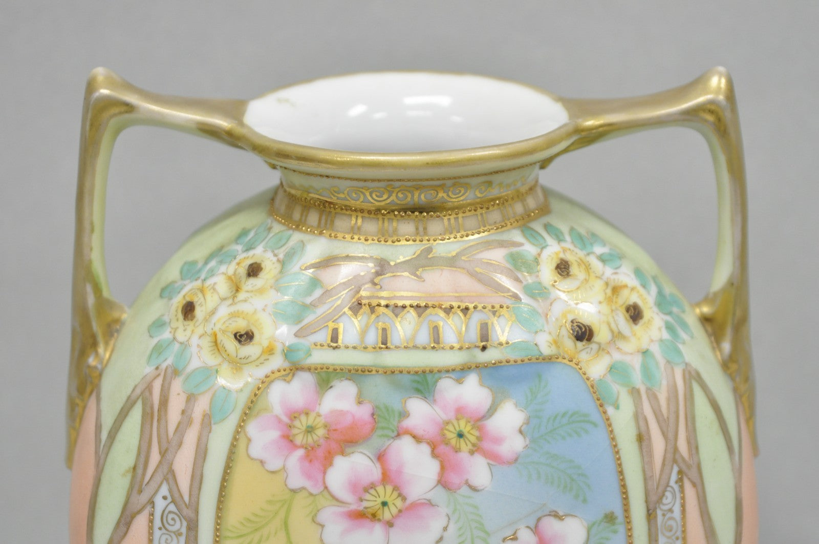 Antique Nippon Art Nouveau Hand Painted Porcelain Pink Flower Twin Handle Vase