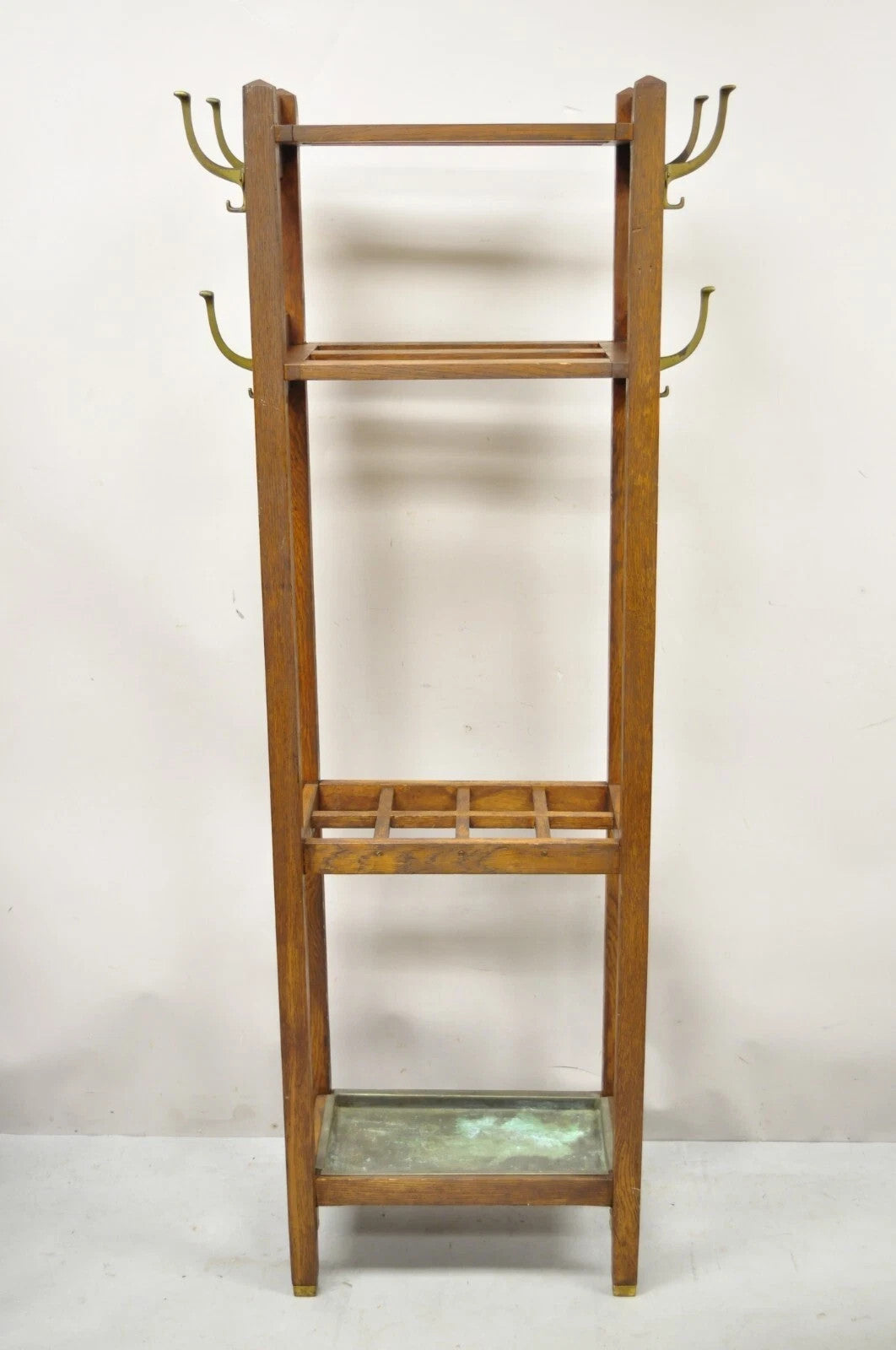 Antique Mission Arts & Crafts Oak Wood Coat Hook Hall Tree Umbrella Stand