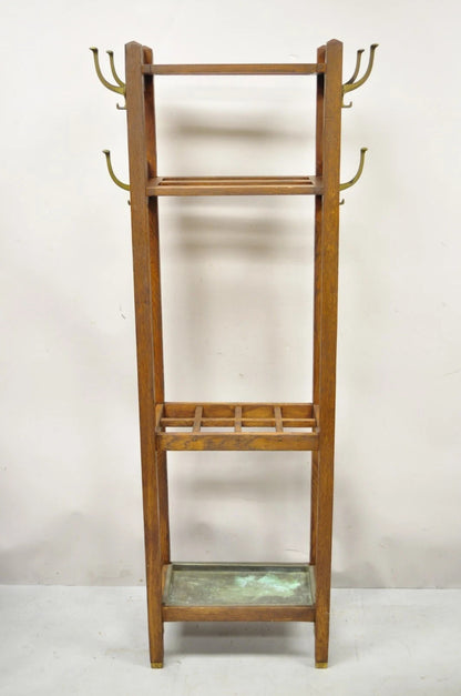 Antique Mission Arts & Crafts Oak Wood Coat Hook Hall Tree Umbrella Stand