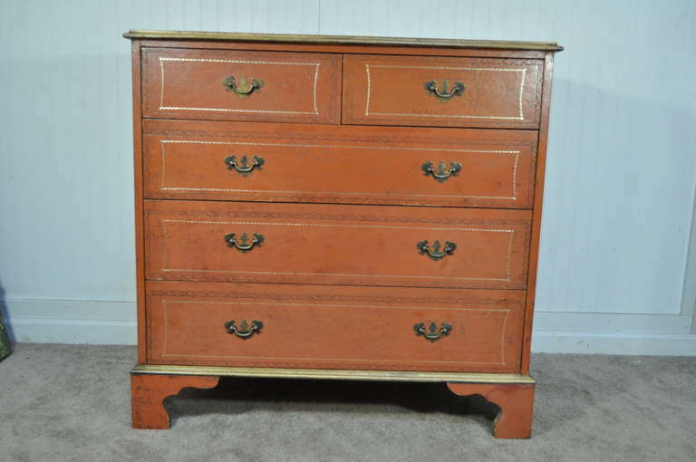 Vintage Chippendale Style Orange Tooled Leather Commode Chest of Drawers Dresser